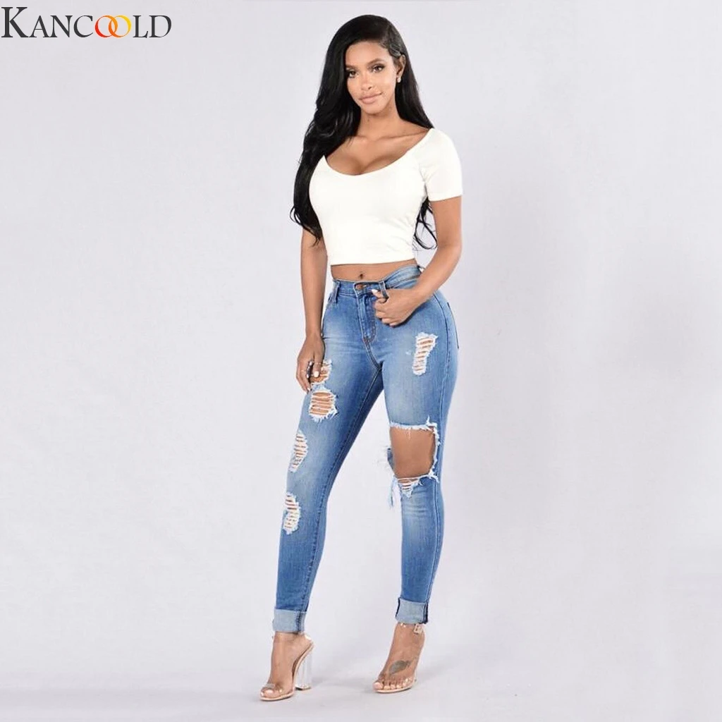Женские узкие джинсы карандаш повседневные синие Стрейчевые рваные джинсы|Узкие
