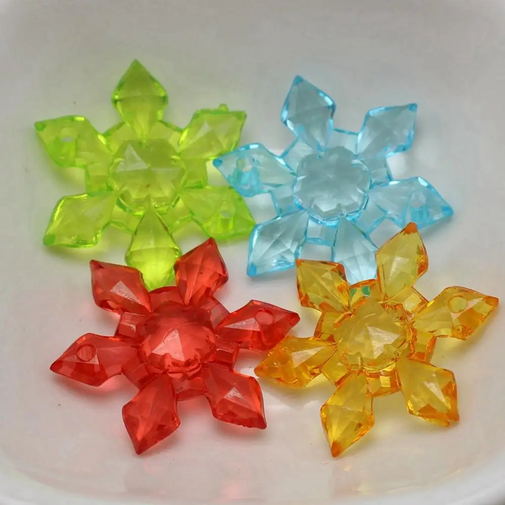 

100 Mixed Colour Transparent Acrylic Snowflake Beads 28mm 2-hole Connector