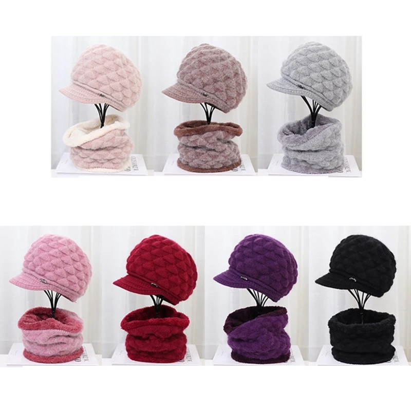 Женская зимняя шапка вязаная с козырьком круглый шарф плюшевой подкладкой A0NF 2