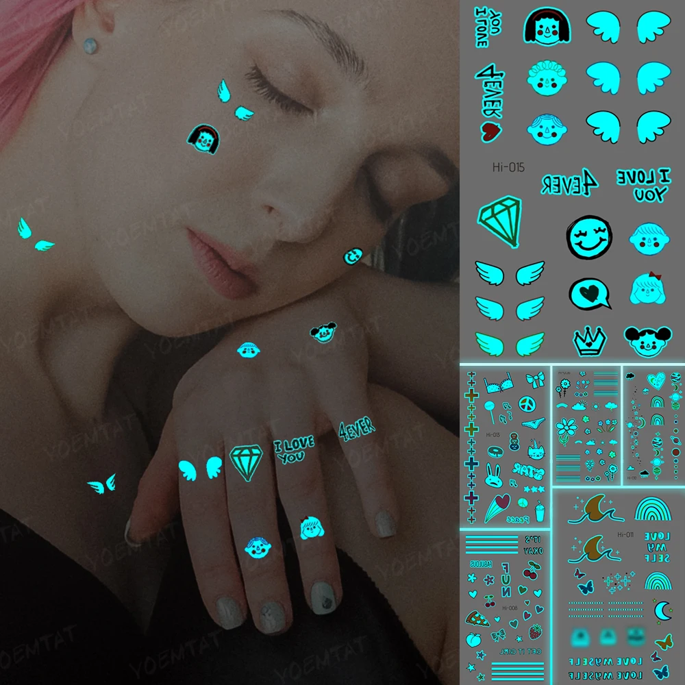 

Green Fluorescent Neck Finger Face Waterproof Temporary Tattoo Stickers Women Men Wings Angel Diamond Luminous Tattoos Body Art
