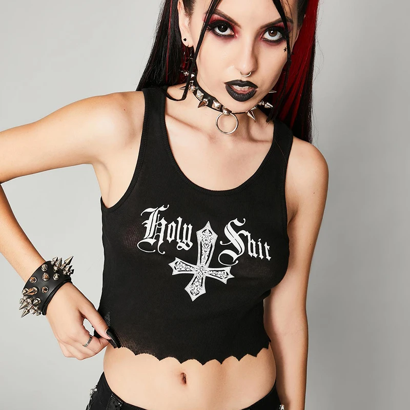 В готическом стиле Черный цвет С перекрестными майка с принтом Harajuku в панк на