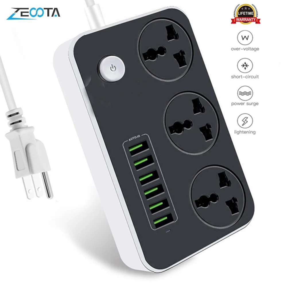 Блок питания универсальная розетка 3 розетки 6 Быстрый USB 5V 3.4A 17W зарядная станция 2500W стабилизатор напряжения 6.5ft шнур автоматический выключатель