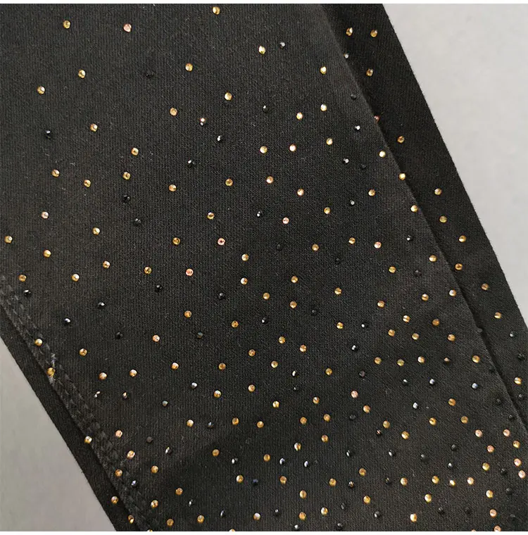 

Black Leopard Print Rhinestone Jeans for Women 21 Spring Autumn New Elastic Slim-Fit High Waist Figure Flattering Skinny Pants