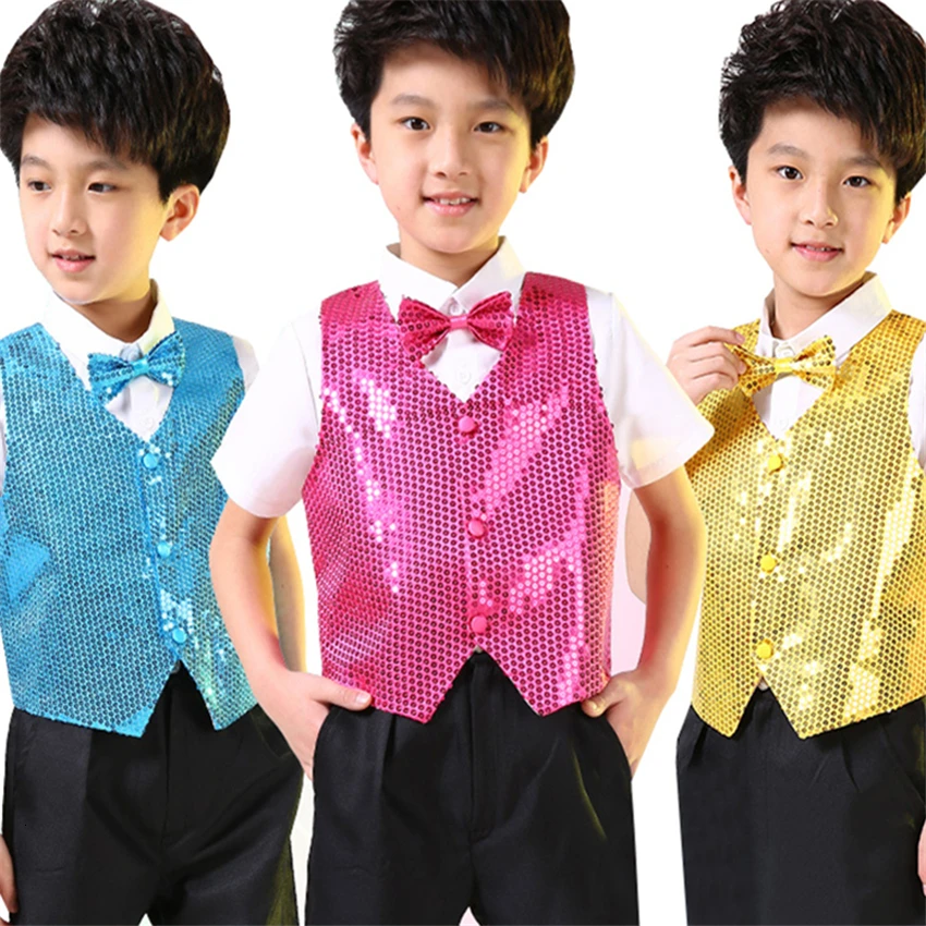 

Kid's Jazz Dance Costume 14 Style Sequin Vest Boys Dance Stage Performance Costume Hip Hop Shiny Stage Show Competition Tops