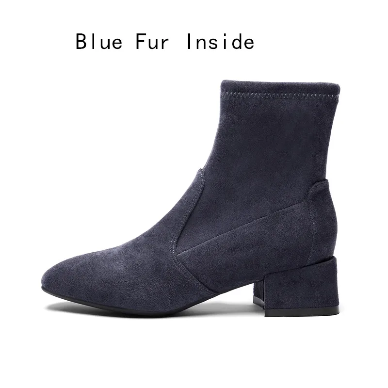 Blue Fur Botas mujer invierno; коллекция года; женские зимние ботильоны на меху; женские ботинки на высоком каблуке; однотонная женская обувь; цвет синий, черный - Цвет: Blue Fur