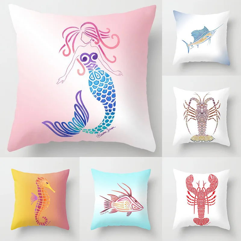 

Geometric Cushion Pillowcase Household Pillow Marine Life Mermaid Lobster Starfish Seahorse Lobster Octopus Cushion Wholesale