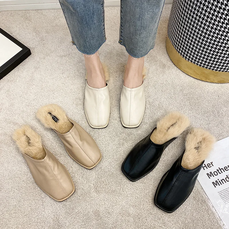 

Мюли женские плюшевые, квадратный носок, плоская подошва, шлепанцы из ПУ кожи, роскошные сланцы, закрытые тапочки, дизайнерская обувь с мехо...