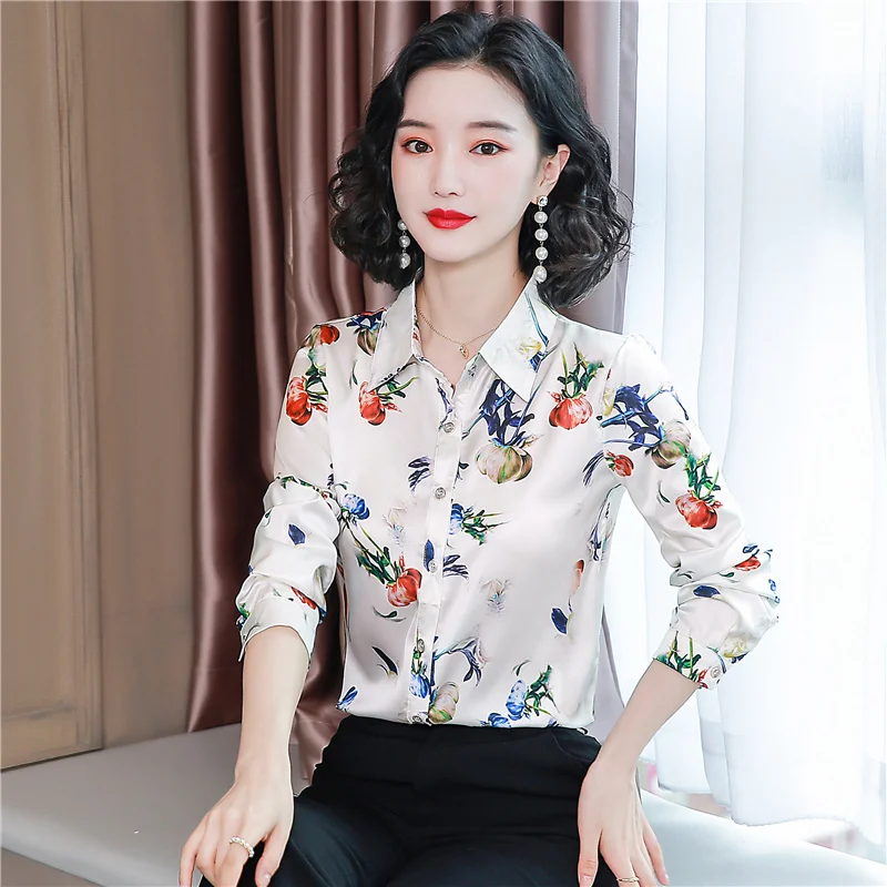 

Heavyweight Silk Shirts Women Print Silk Blouses Women Long Sleeve Shirts Elegant Woman Satin Floral Blouse Tops Plus Size 4XL