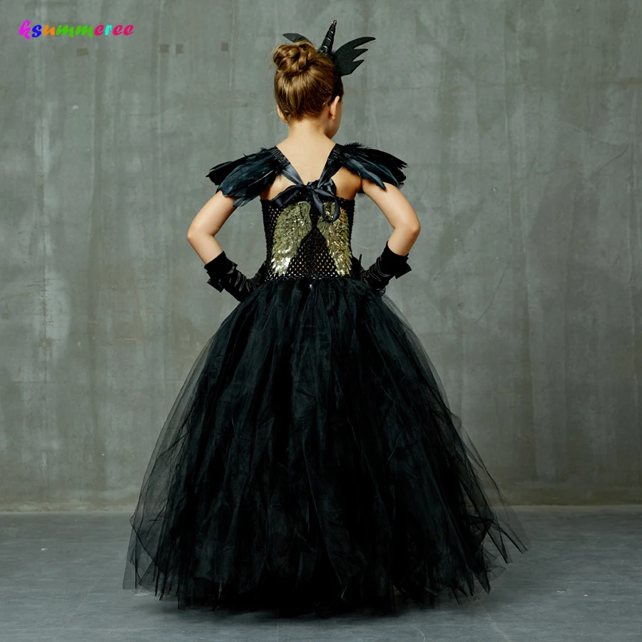 Black Long Devil Tutu Dress Halloween Costume Girls Tulle Dark Angel V-neck Kids Pageant Carnival Party Ball Gown Dresses | Детская