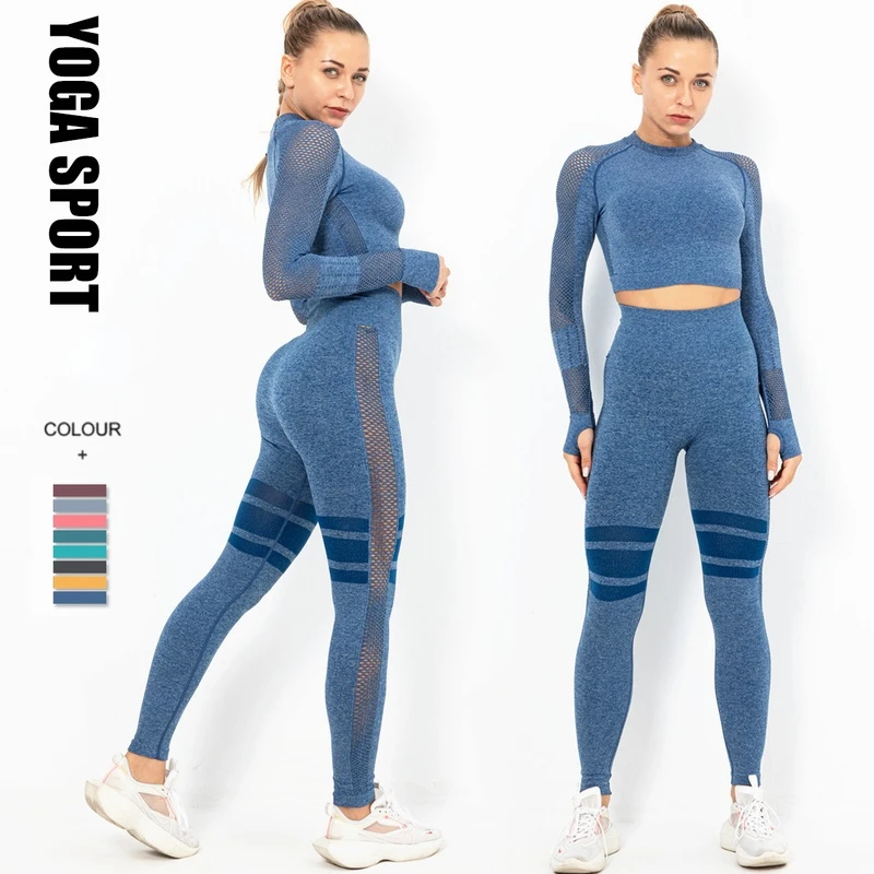 

2 PCS Gym Set Women Hollow Out Yoga Set Long Sleeve Top High Waist Tight Leggings Workout Clothes Sport Wear Women Fitness 2021