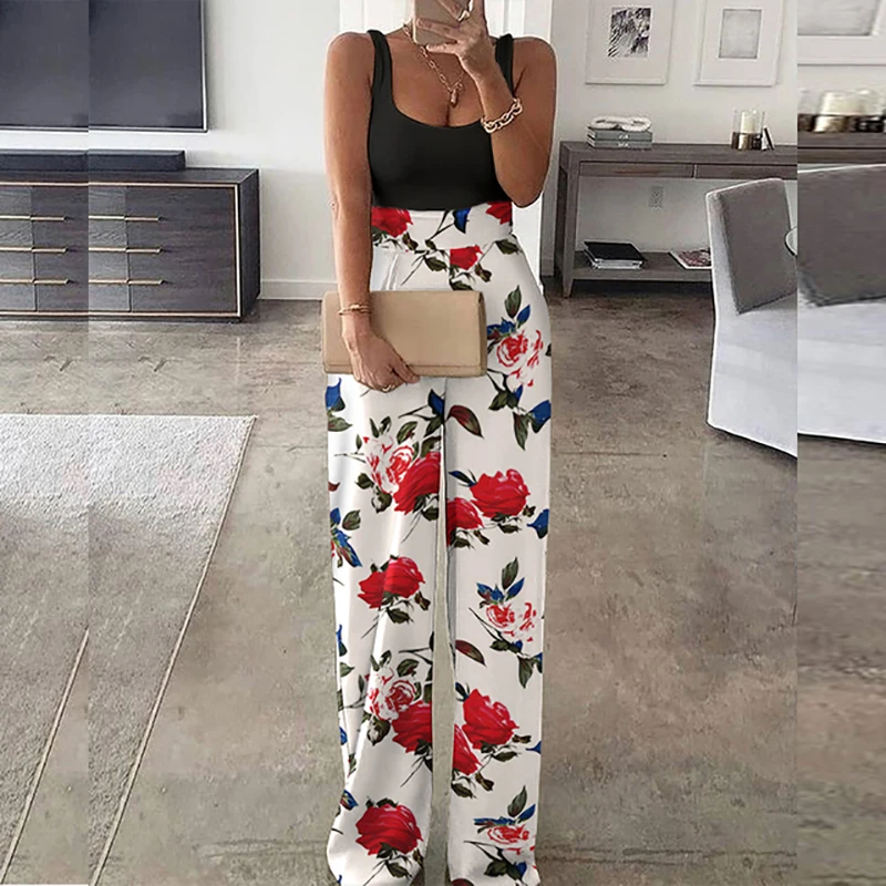 

Jumpsuit Women Wide Leg Pants Printed 2021 Elegant Office Lady Rompers Sexy Sleeveless Casual Jumpsuit Summer Beach Overalls