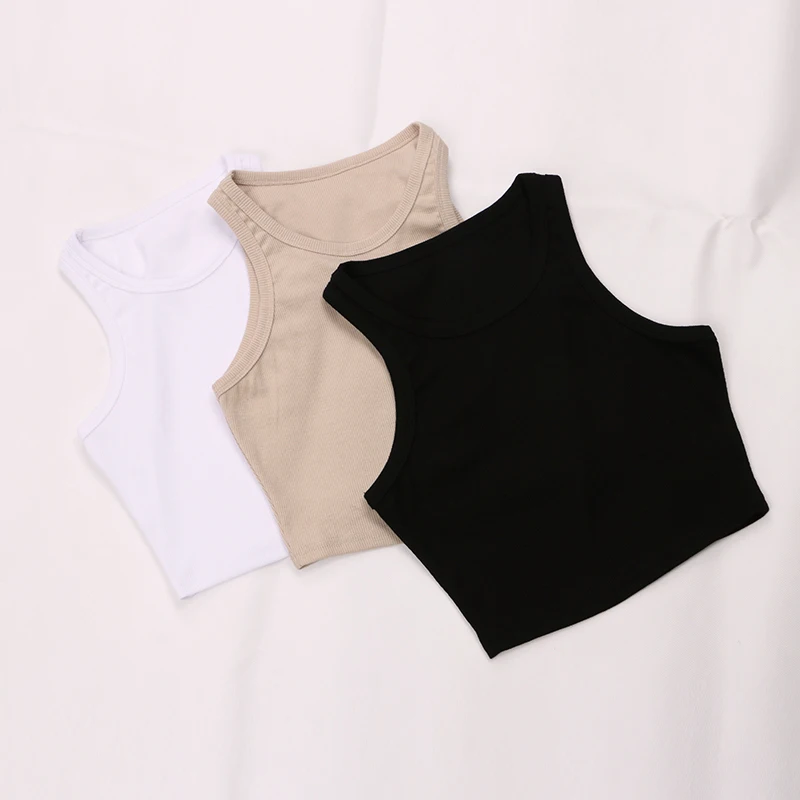 

Ribbed Tank Top Women Khaki White 2021 Summer Casual Fitness Short Vest Knitted Off Shoulder Sexy Crop Top Women