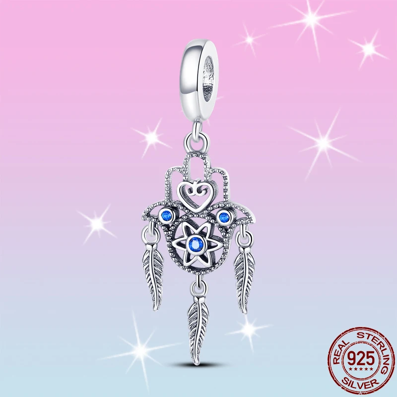 

2021 New HOT SALE 925 Sterling Silver Blue Feather Palm Charm Beads Fit Original Pandora Bracelet Pendant Necklace Jewelry