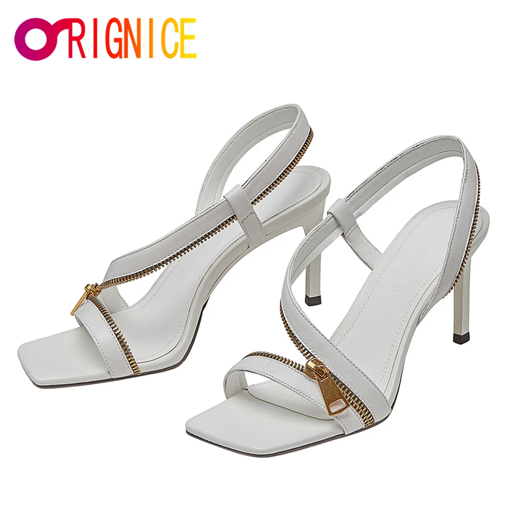 

Orignice New Design Sexy Slingback Sandals Women Fashion Zipper Decoration Thin High Heels Square Toe Party Dress Shoes Black