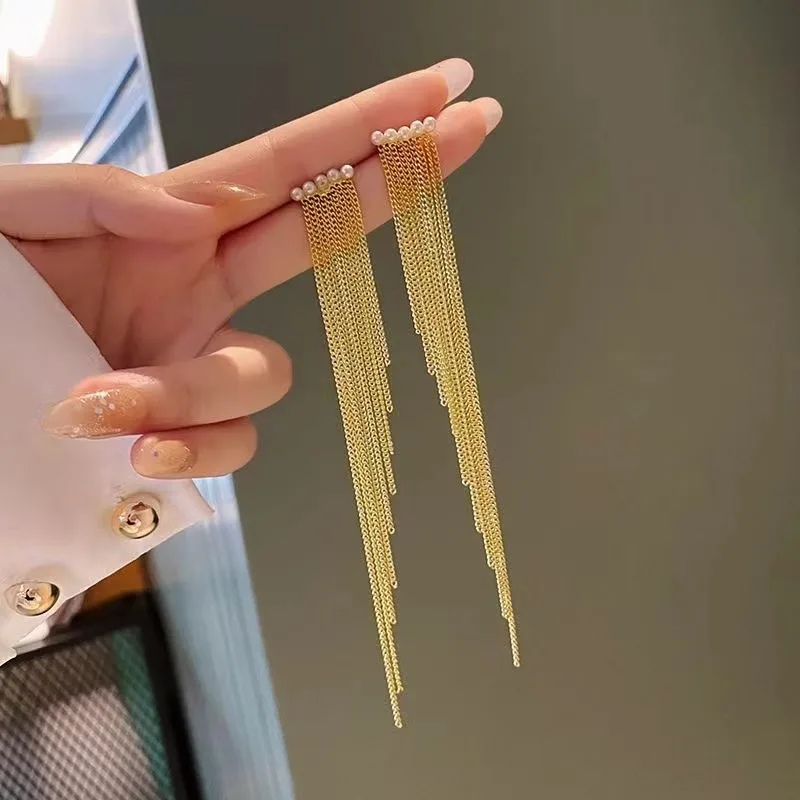 

Retro gold strip long line tassel drop earrings ladies small pearl geometric Korean fashion ing jewelry pendant