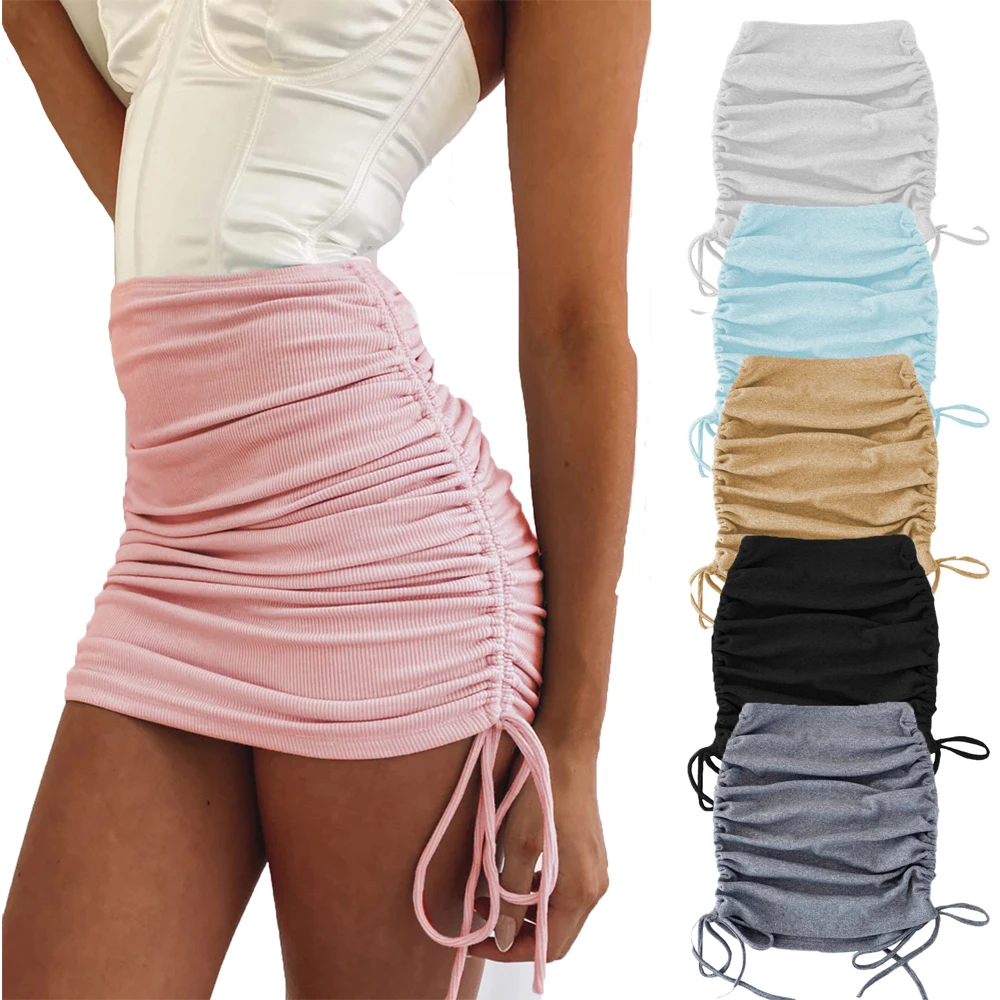 

Fashion Summer Women's Cotton Knitted Skirts Threaded Side Drawstring Elastic Pleated Jupe Sexy Slim Adjustable Hip Skirt
