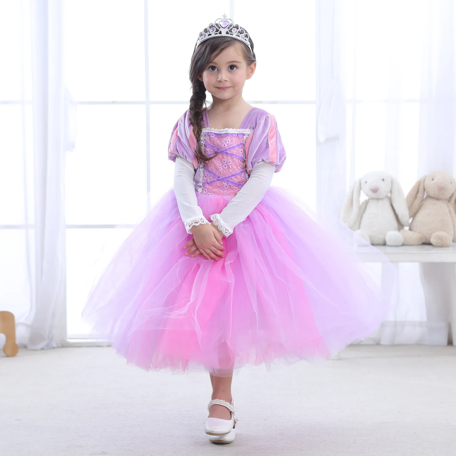 

PrettyGirl Soft Lace Flower Dress Kids Wedding Birthday Party Cosplay Costume Ball Gown Children Performance Dress