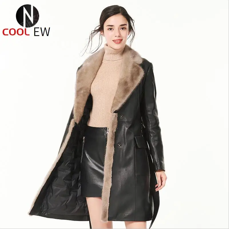 

Designer Brand Genuine Leather Jacket 2021 New Winter Long Down Jacket Fashion Slim Fit Mink Fur Collar Outwear Plus Size 3XL