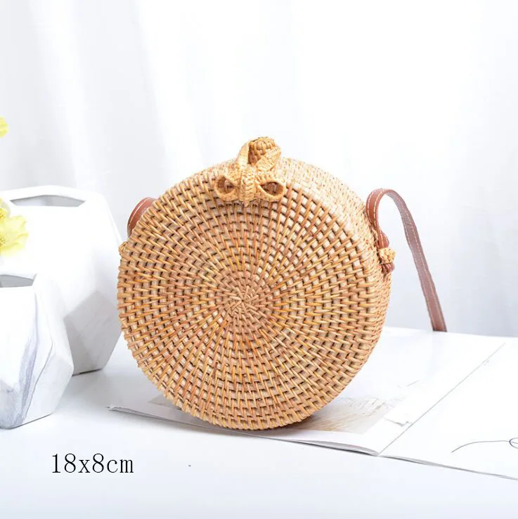 Tan E 18X8cm Солнечный пляж, ручные тканые сумки, круглая сумка с пряжкой, Ротанговые соломенные сумки, ранец, богемная пляжная круглая сумка - Цвет: Tan E 18X8cm