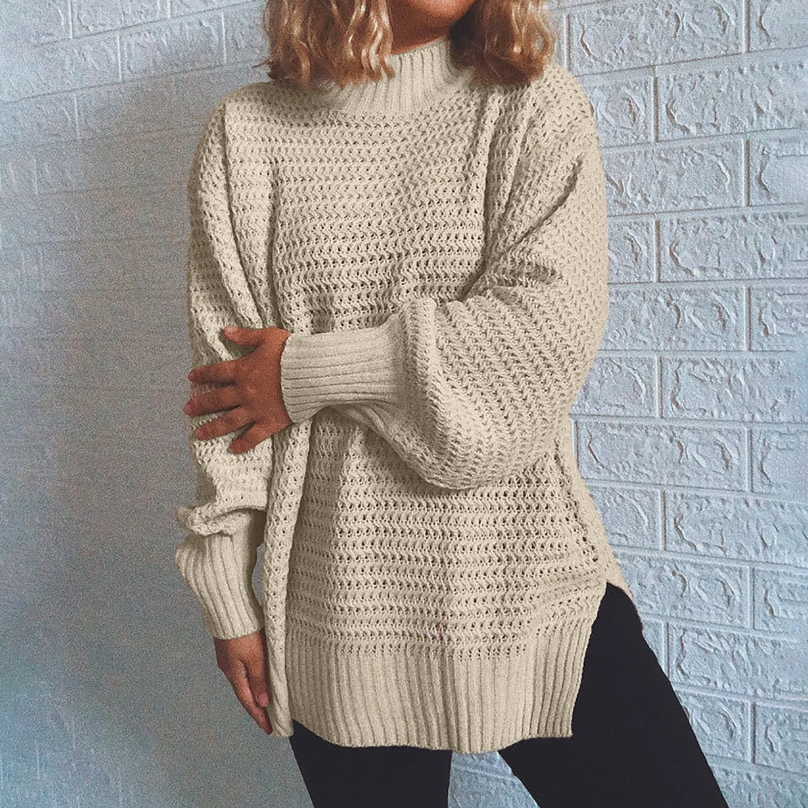 2021 Warm Fall Winter Sweaters Women High Neck Split hem Knitted Sweater Ladies Plus Size Pullover Tops Casual Female |