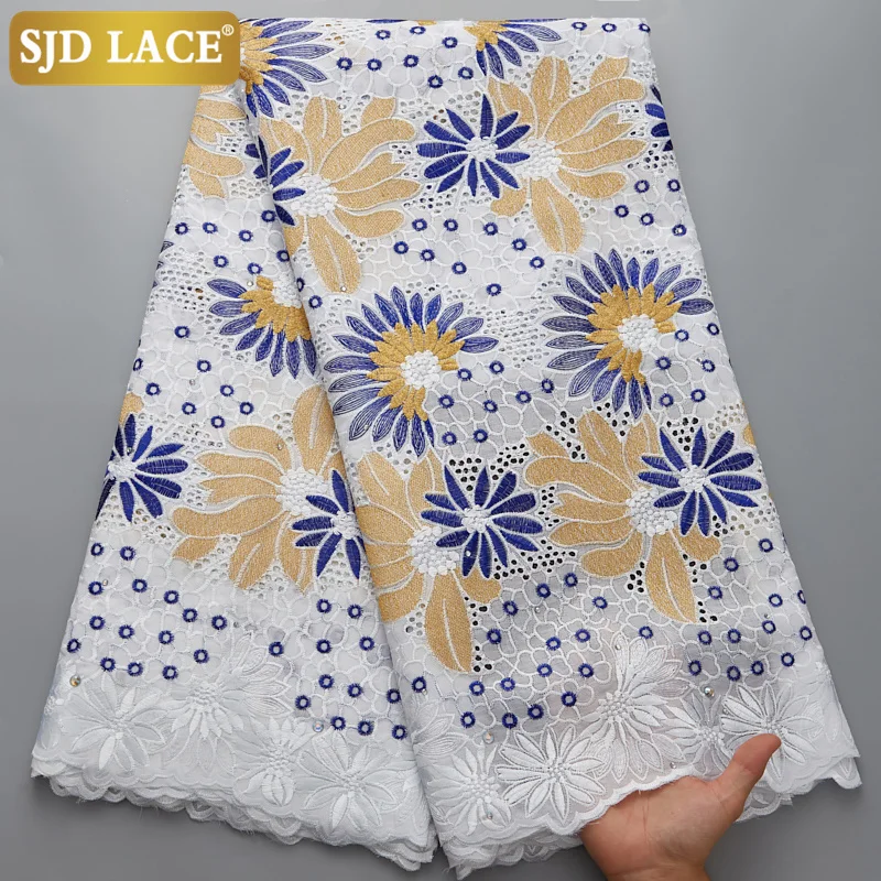 

SJD кружево 5 ярдов африканская кружевная ткань с вышивкой Чистый хлопок с камнями Nrigerian Гана Гамбия швейцарская вуаль одежда платье A2610