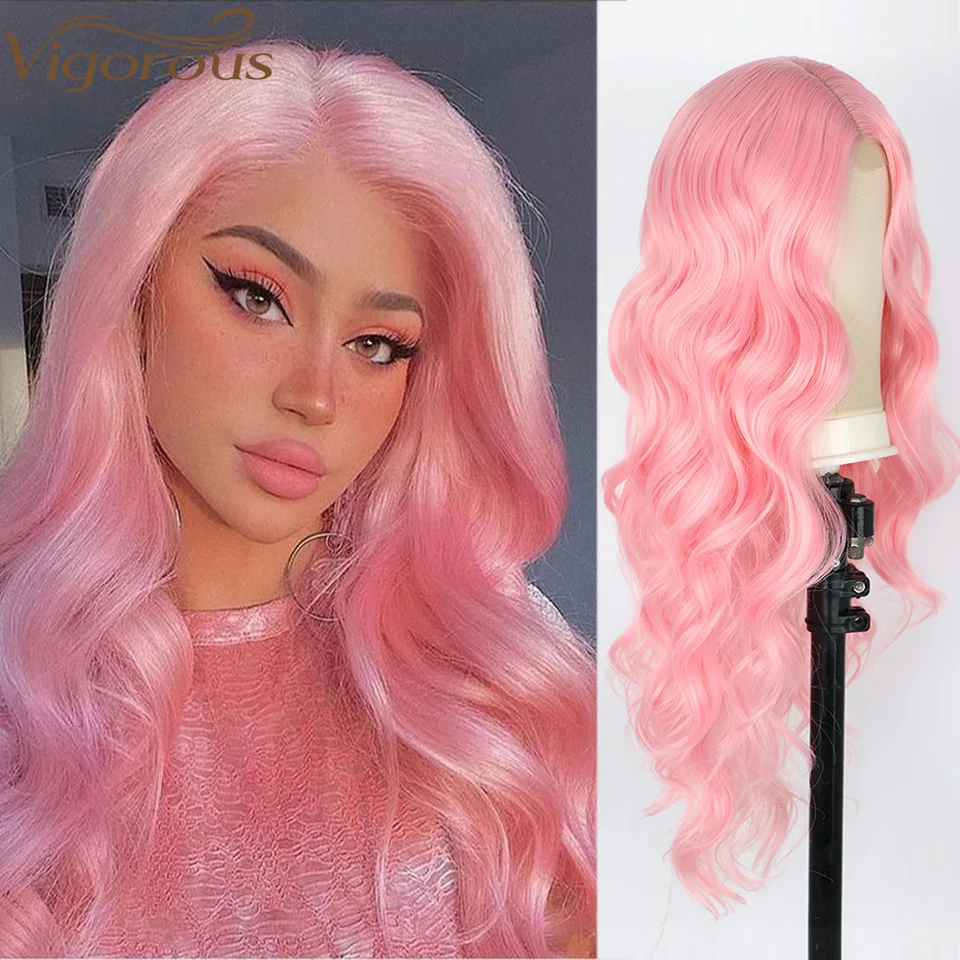 

Vigorous Synthetic Cosplay Pink Wig Long Wavy Wigs for Women Black Orange Blonde Wigs Heat Resistant Party Hair