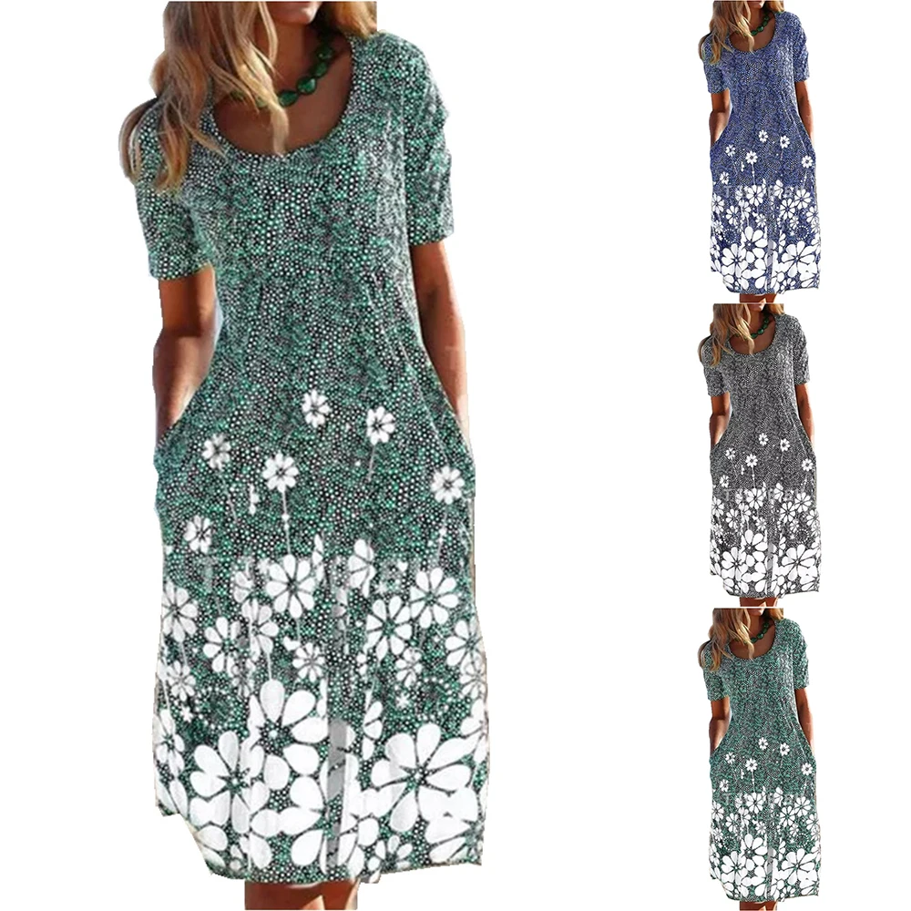 

Женское винтажное платье с коротким рукавом, элегантное приталенное платье с круглым вырезом, карманами и цветочным принтом, лето