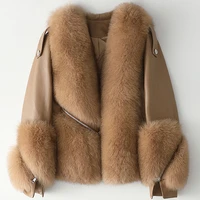 luxury real fox fur sheepskin coat ladies womens patchwork genuine leather short jacket for autumn winter warm outwear