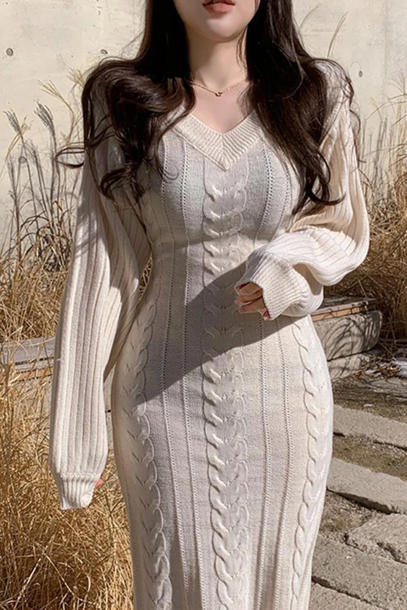 V Neck Casual Warm Knitted Jumper Dresses Solid Thick 2021 Sweater Dress Women New Winter Korean Pollover Woman Knitwear Robe | Женская