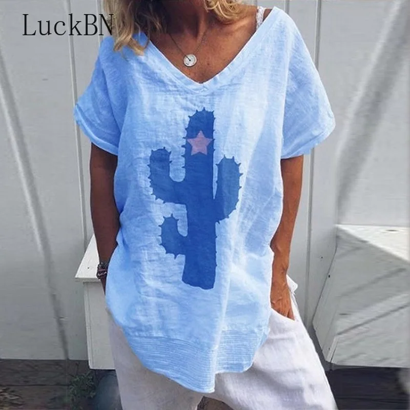 Женская одежда casual Повседневная Свободная блуза с принтом кактуса летняя v