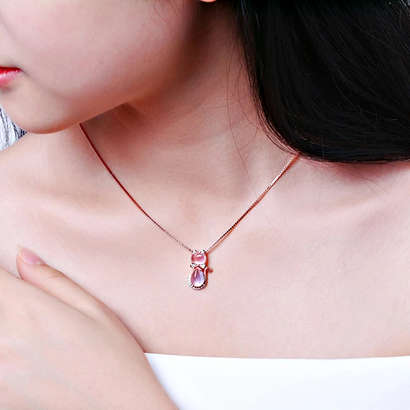 Korean version Necklace plated rose gold natural Ross quartz powder crystal cat women's Pendant clavicle chain jewelry necklaces |