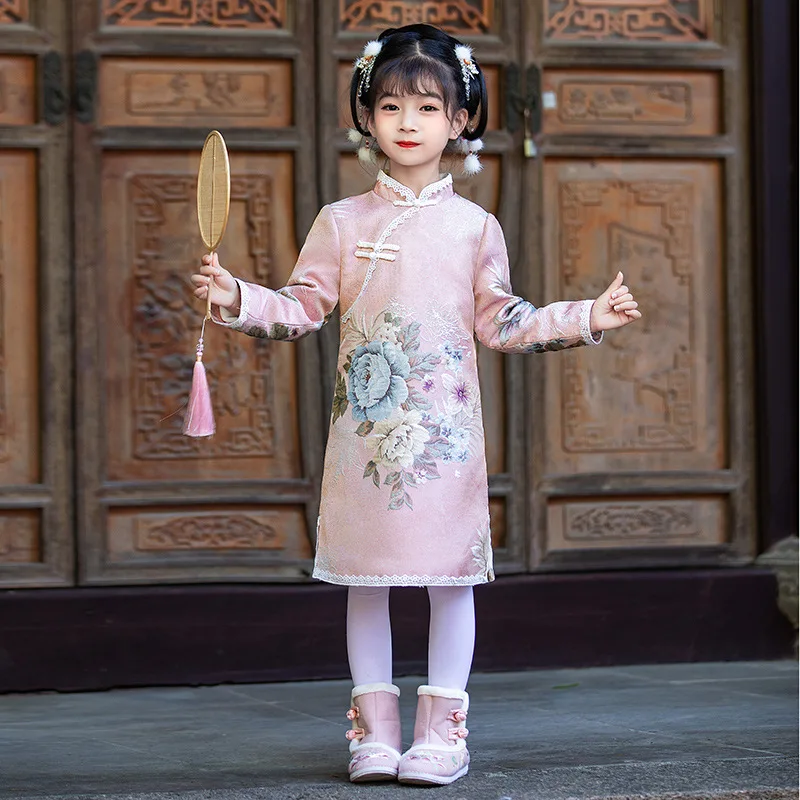 

Autunm Winter Thick Children Qipao Mandarin Collar Lovely Embroidery Girls Party Dress Chinese Traditional Kids Cheongsam