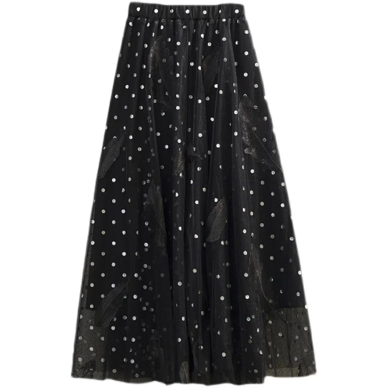 

DIMANAF 2021 Plus Size Women Skirt Elastic High Waist Summer Mesh Dresses Sequin Sexy Party Oversize 4XL Japanese Lace New Skirt