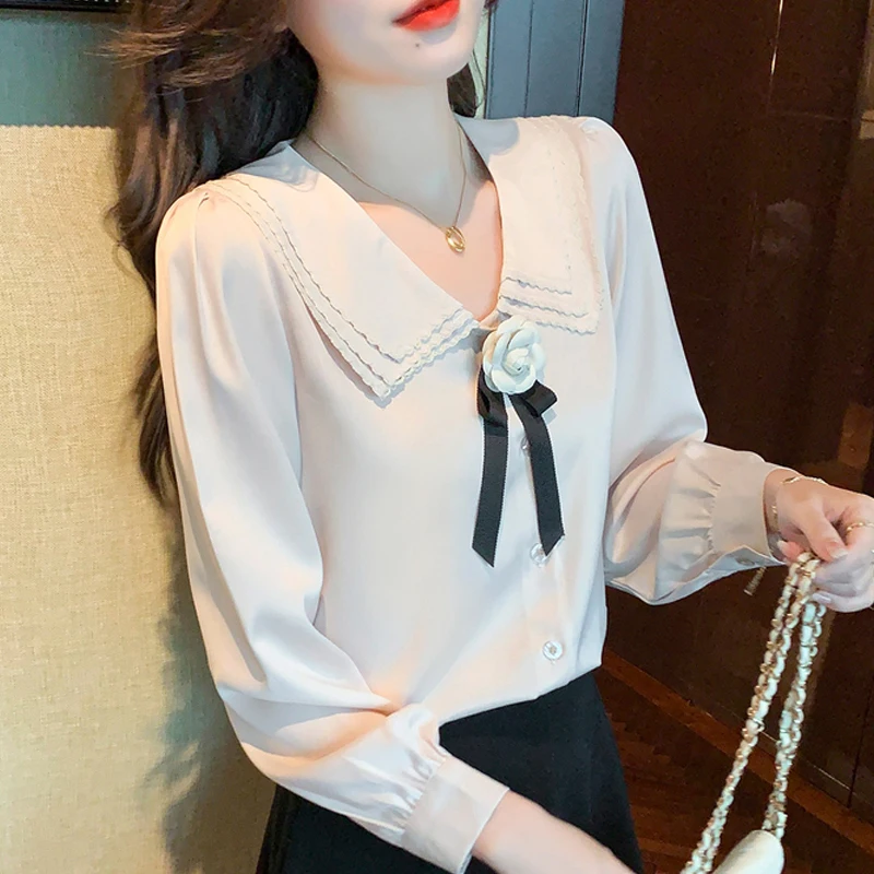 

Elegant Fashion Women Tops Peter Pan Collar Long Sleeve Sweet Chiffon Blouse Shirt Bowknot Office Lady Clothing Blusa Feminina