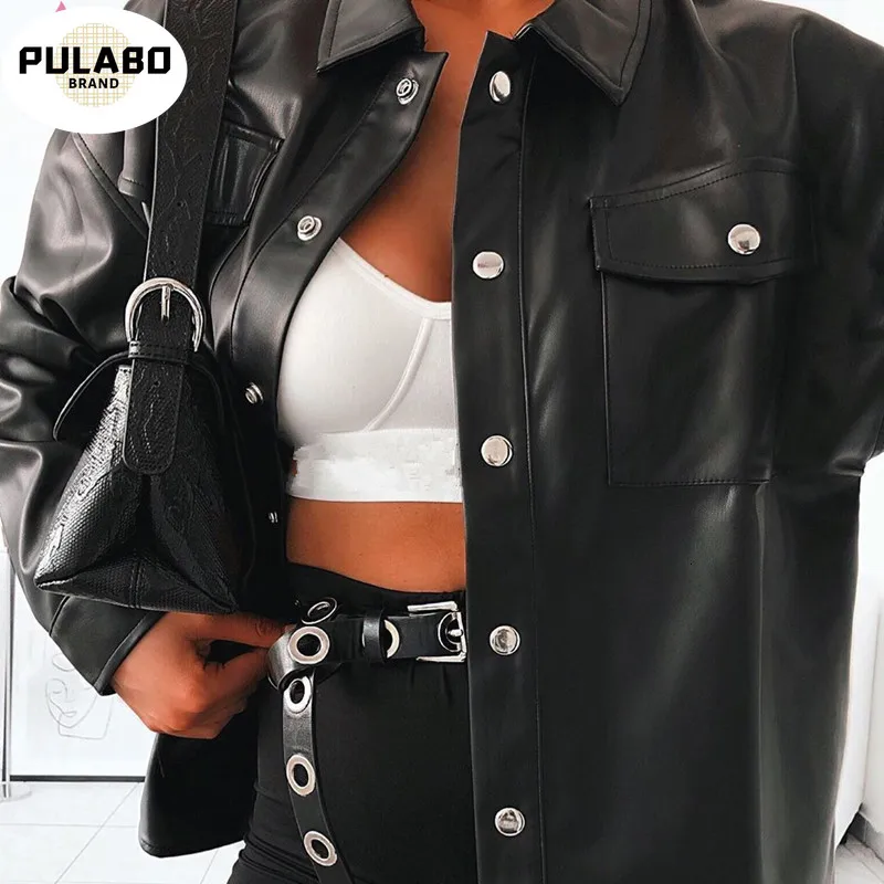 

Punk Style Women Autumn Leather Jacket Turn-down Collar Streetwear Cool Jackets Ladies Pocket Oversized Pop Jackets