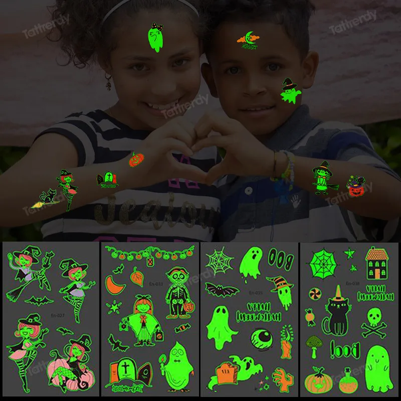 

10pcs/lot Halloween Tattoo Glowing in the Dark Luminous Tattoo Stickers Cute Pumpkin Ghost Cartoon Fake Tattoo for Children Kids