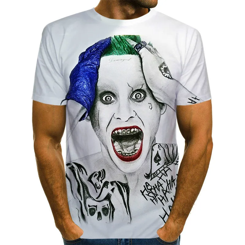 

2021 men's white wild clown 3D printed T-shirt, casual wild face T-shirt, funny clown funny short sleeve top