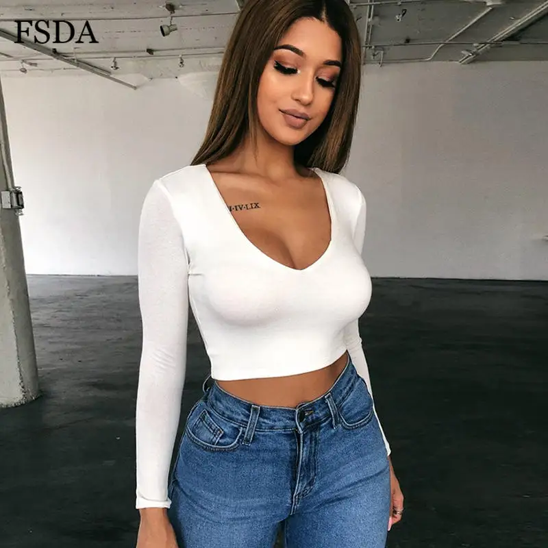 Кроп топ женский с V образным вырезом и длинным рукавом|Футболки| |