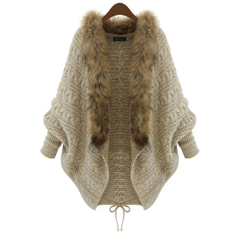 

Fur Knitted Women Sweater Cardigan Winter Batwing Sleeved Patchwork Drawstring Loose Vintage Female Outwear Coats Tops