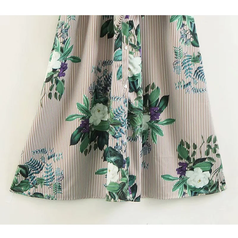 

Exquisite women's 2021 summer new casual nine points sleeve striped print single-breasted dress high waist dress