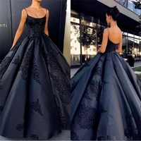 sexy black ball gown evening dresses spaghetti straps sleeveless lace appliques ruched satin plus size prom quinceanera dresse