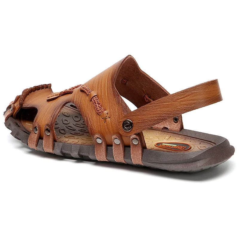 Cheap Summer Handmade Shoes Leather Men Sandals Casual Slip On Flat Mens Sandals Non slip Outdoor Beach Slippers Men Sandles