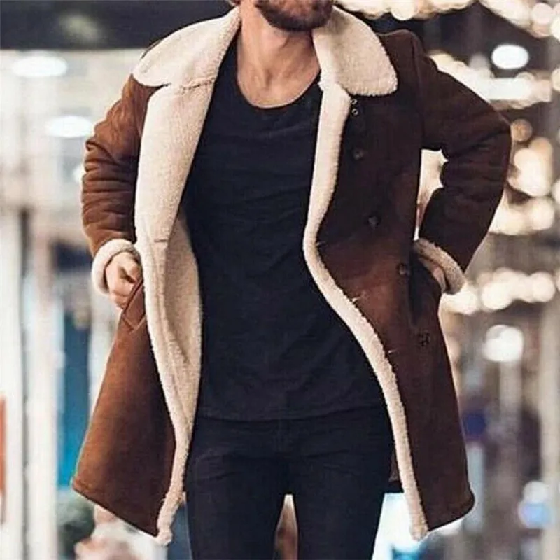 

Men's Soft Fur Fleece Coats New Fashion Buttons Long Trench Coat Male Winter Long Sleeves Lapel Warm Fluffy Jacket Outerwear Hot