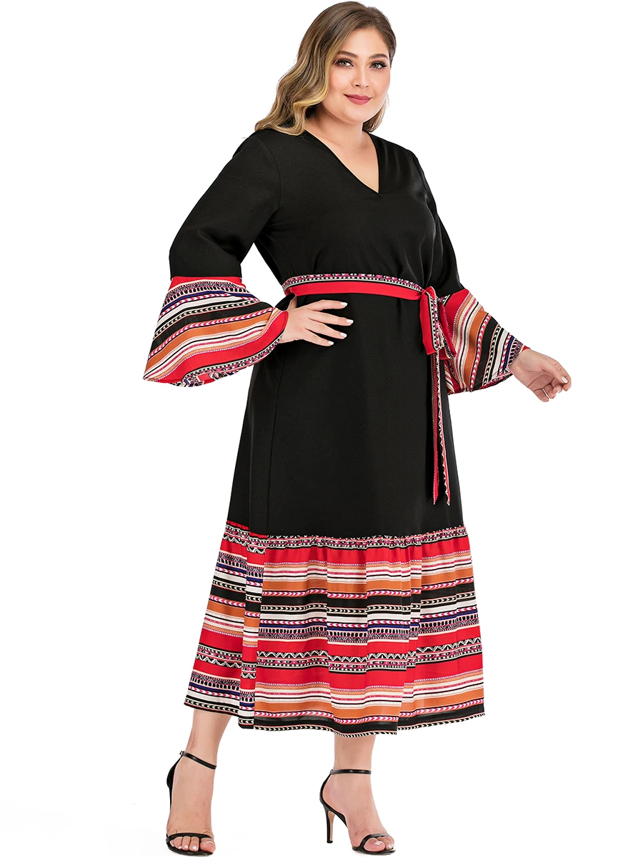 

Plus Size Women Black Midi Dress Flare Sleeve 2019 Fashion Sexy V Neck Colored Striped Patchwrok Slim Sash Elegant Autumn Dress