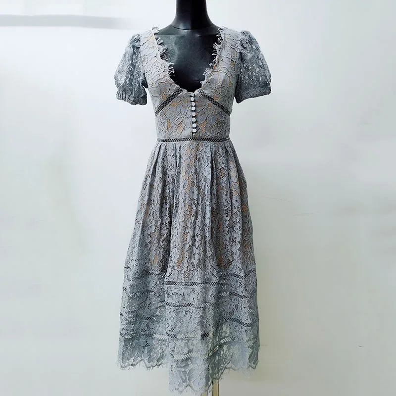 

SeeBeautiful Hollow Out Lace Stitching Loose A-line Dress V-neck Short Sleeve Single Breasred New Fashion 2021 Summer Women E873