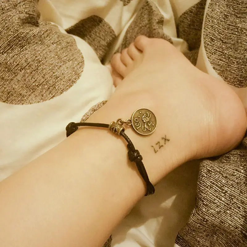 Women Vintage Black Rope Chain Anklets 12 Constellations Couple Bohemian Ankle Bracelet Lovers Accessories Boho Foot Jewelry