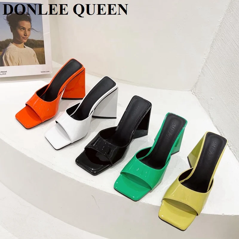 

Block High Heel Slippers Women Mule 2021 New Peep Toe Slide Fashion Brand Square Toe Sandals Summer Party Shoes Size 35-41 Mujer