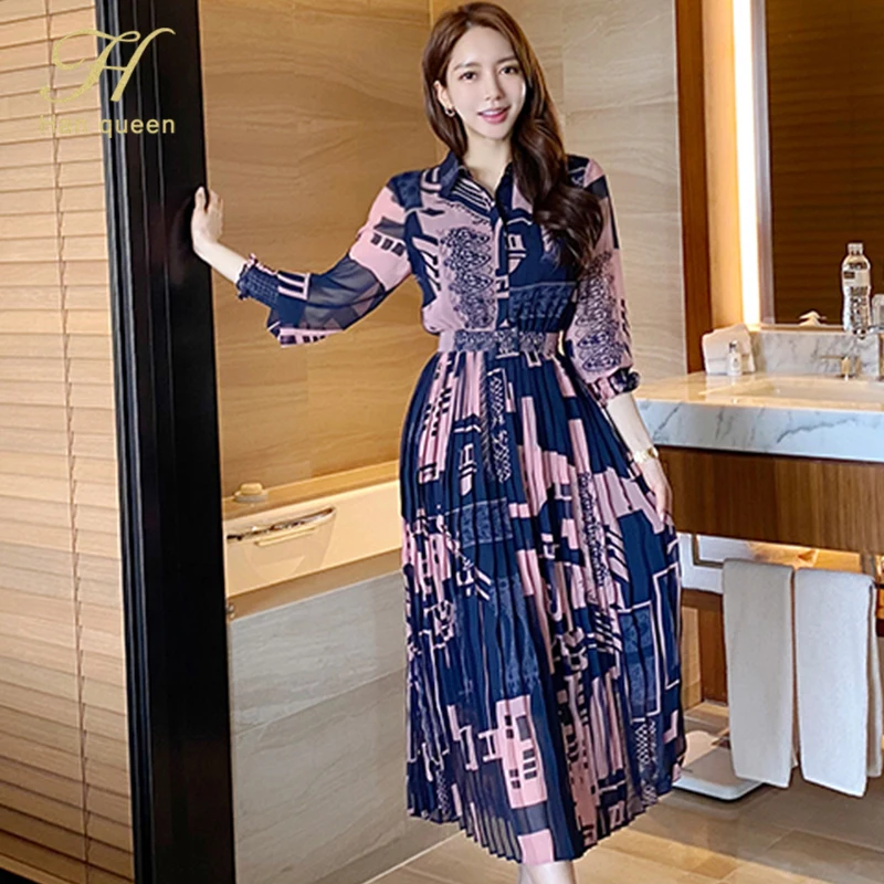 

H Han Queen Vintage Print Elegant Long Dress Women Autumn Pleated Dresses Korean Slim Ankle-length Office Casual Party Vestidos