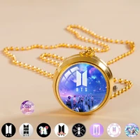 boxed kpop bangtan boys logo pocket watch pendant necklace golden chain nostalgic spin watch unisex fashion jewelry gift bts 554