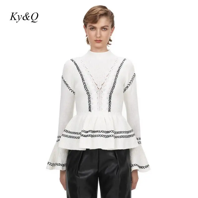 Runway Brand Designer 2019 Winter Striped Color Matching Ruffled Hem Sweater Women Flare Sleeve Luxury Christmas White Pullover | Женская